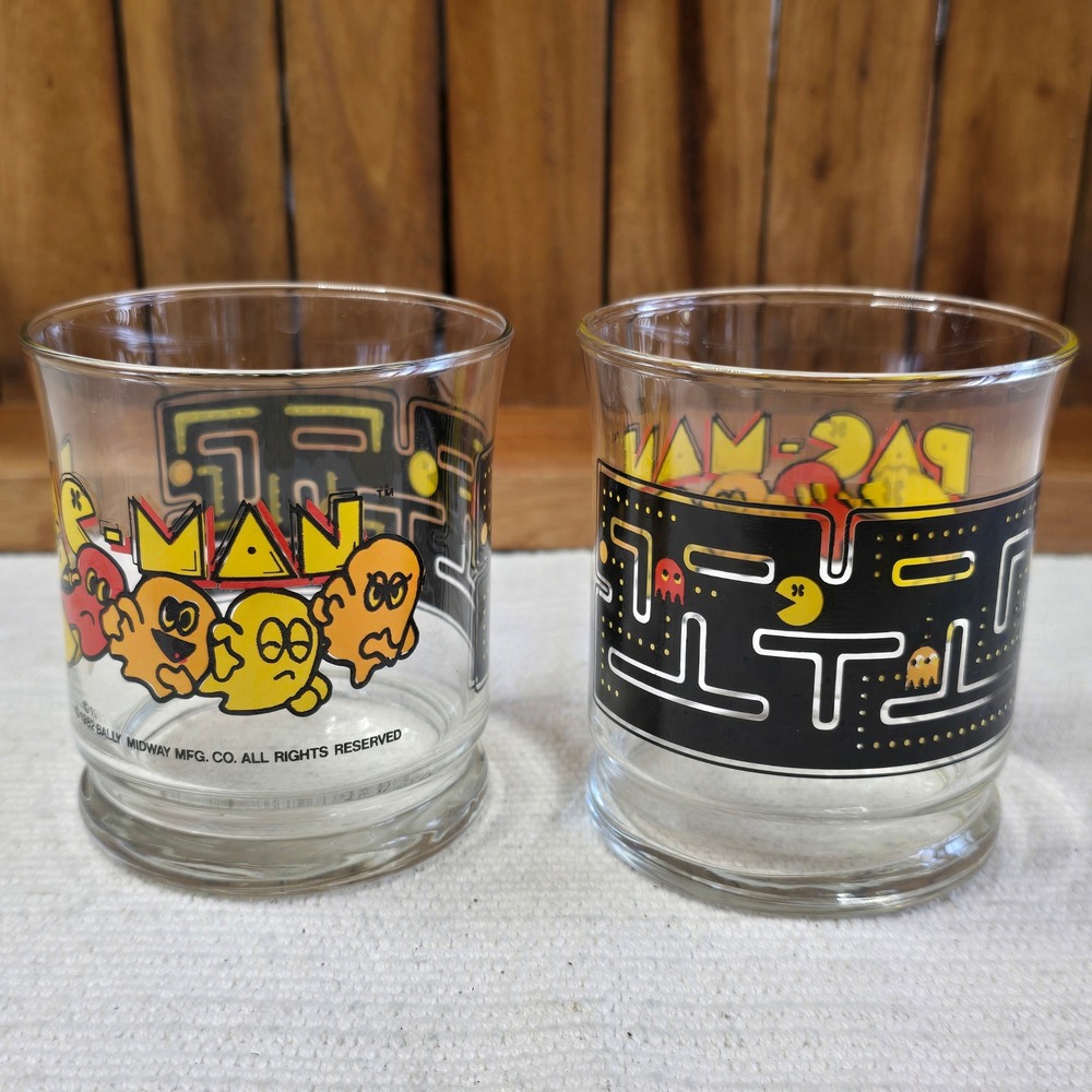 Vintage 1982 Pac-Man Glass Set 2 Bally Midway Arcade Retro Juice Glasses 80s